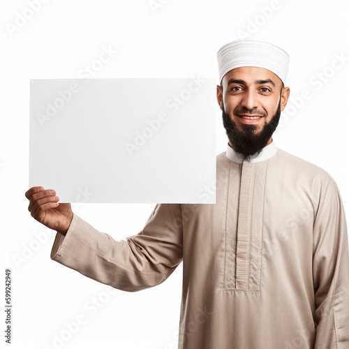 Muslim man holding blank white paper board for slogan (ID: 599242949)