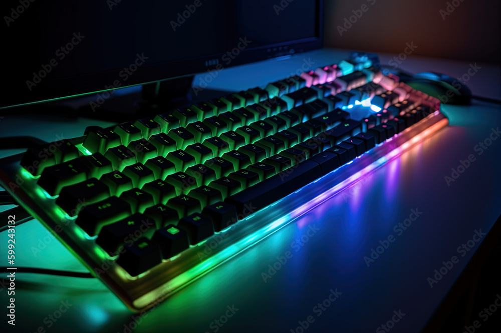 Hands of professional gamer boy playing video games on computer in dark room, using backlit colorful keyboard, Gnerative Ai