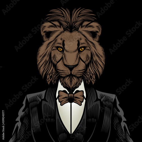 high detail illustration of a lion wearing tuxedo suit, a distinguished graphic design