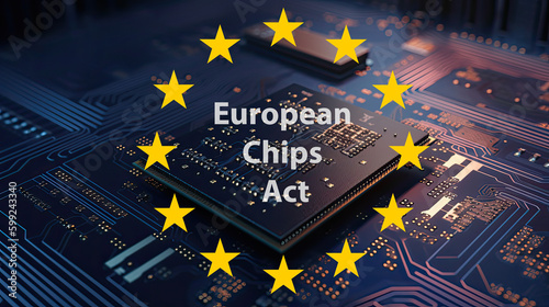 Computerchip mit den Sternen der Flagge der Europäischen Union zum European Chips Act - Maßnahmenpaket zur Halbleiter-Versorgung und stärkung der technologischen Führungsrolle Europas (Generative AI)