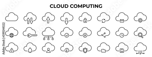 Cloud computing. Editable stroke outline icon set with global network data server and internet technology. Database and online storage vector linear icon set. Vector EPS 10