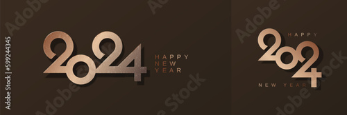 Happy new year 2024 with luxury gold number on dark brown background. 2024 new year celebration greeting card concept photo