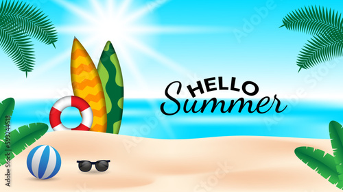 summer background with surfing board, beach ball, glasses, lifebuoy, lifebuoy and leaves.
