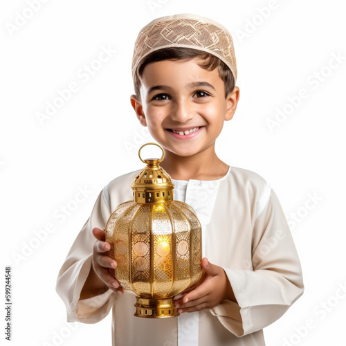 An Arab Muslim child is holding a Ramadan lantern lamp on a white isolated background (ID: 599244548)