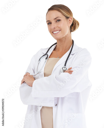 Her medical opinions are always spot on. A beautiful female doctor smiling at the camera with her arms folded.