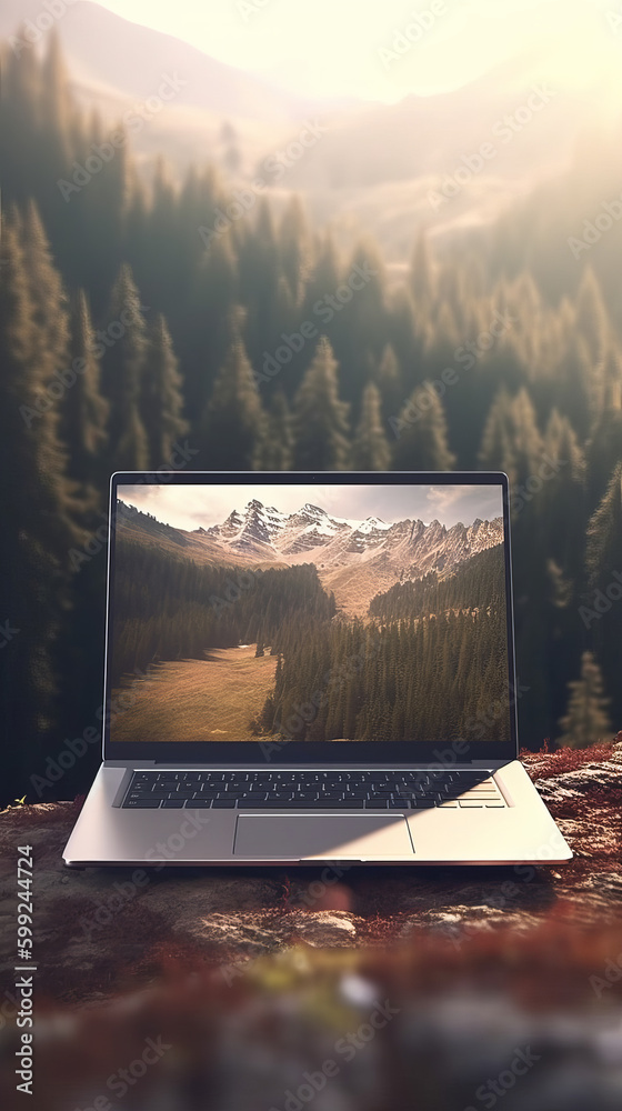 Laptop with an image of a mountain scene in the forest, in the middle of nature. love of the land, adventure. to camp. vacation. made with ai - obrazy, fototapety, plakaty 