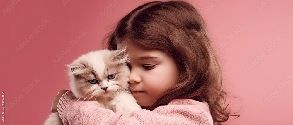 little girl with kitten hugging beige background , Generative AI little girl with kitten hugging beige background , Generative AI