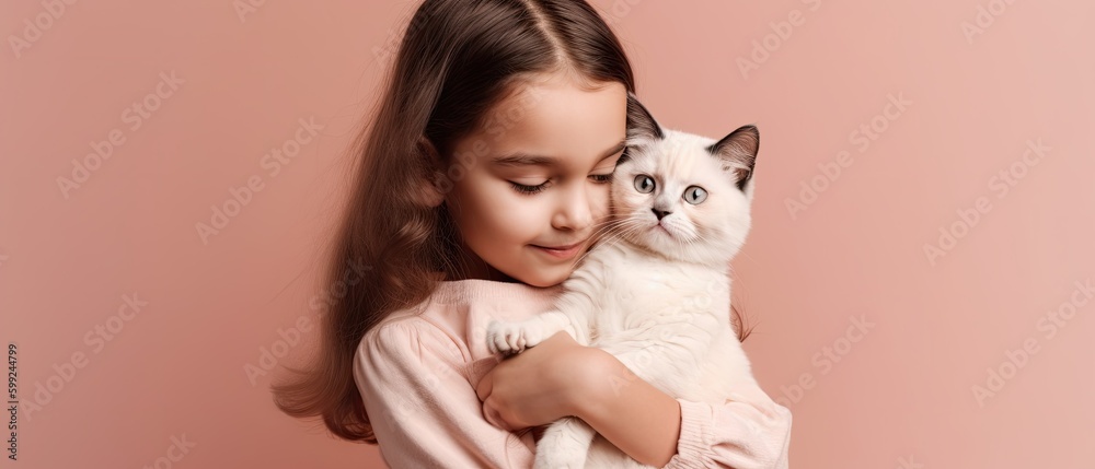 little girl with kitten hugging beige background , Generative AI little girl with kitten hugging beige background , Generative AI