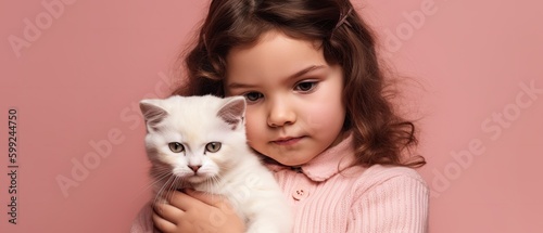 little girl with kitten hugging beige background   Generative AI