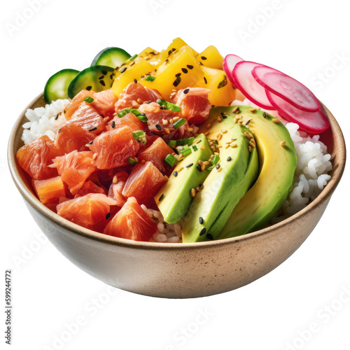 Delicious poke bowl with salmon and vegetables photo