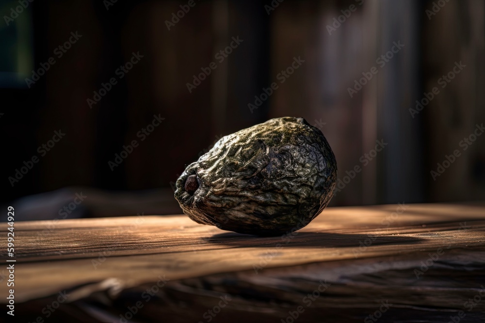 Rotten avocado on a wooden table. Dim studio light. Generate AI. 