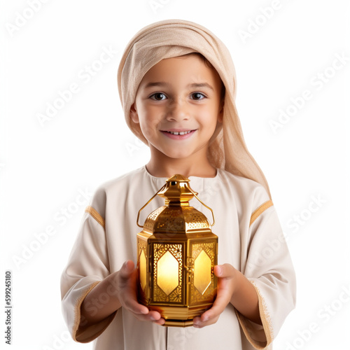 Arab Muslim child holding Ramadan lantern lamp in isolated white background (ID: 599245180)