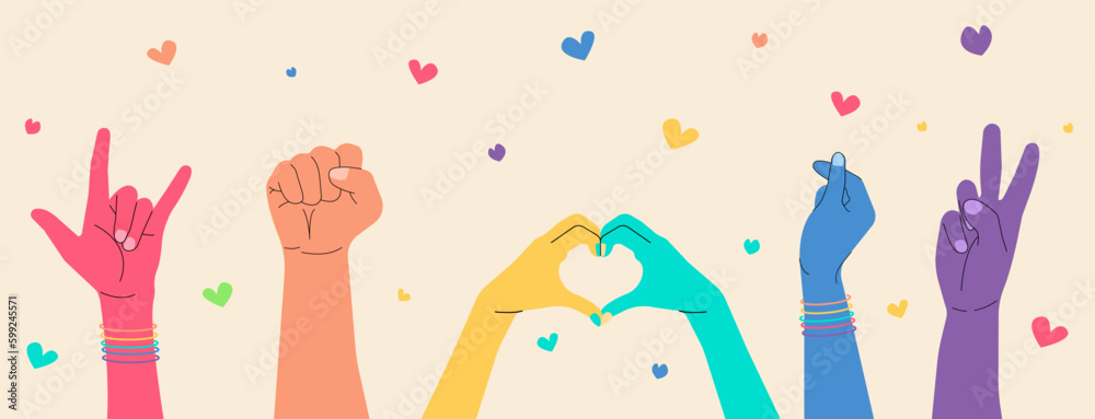 Colorful hands raised up. Rainbow colors.Vector illustration - obrazy, fototapety, plakaty 