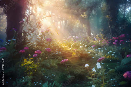 Beautiful enchanted forest with flowers in morning light. AI generative