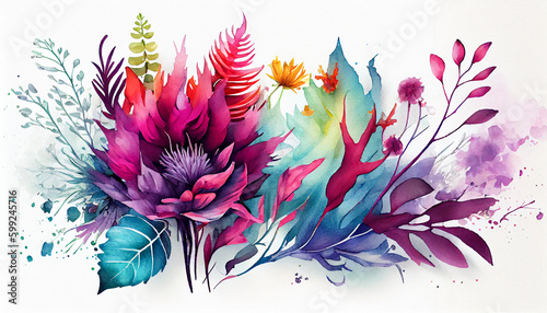Beautiful fantastic flowers of bright colors on a white background, watercolor illustration, generative AI
