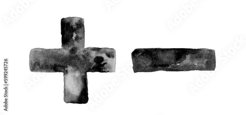 Plus minus signs. Grunge ink alphabet, isolated on white background. Hand drawn with ink.