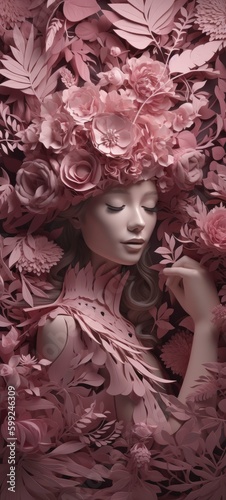 Render 3d of a woman with colorful flowers in her hair in papercraft style. Generative ai