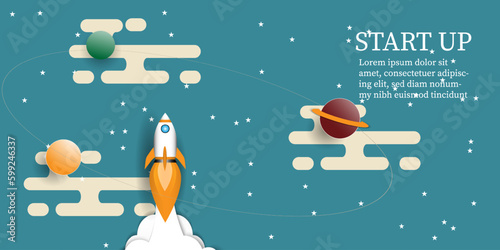 Fototapeta Naklejka Na Ścianę i Meble -  Rocket launch  to sky  above  clouds on blue background , Space ship  flying to  galaxy with  planet  star ,Flat style vector illustration,Business new project start up strategy  Concept

