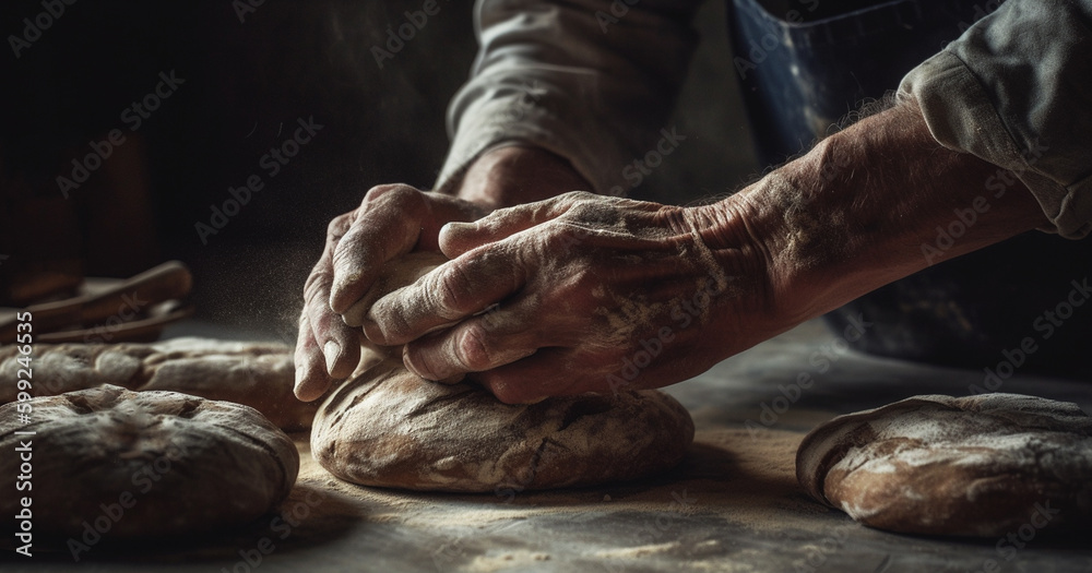 Senior man close-up hands making fresh bread or pizza with dough in the kitchen of his home, traditional homemade food