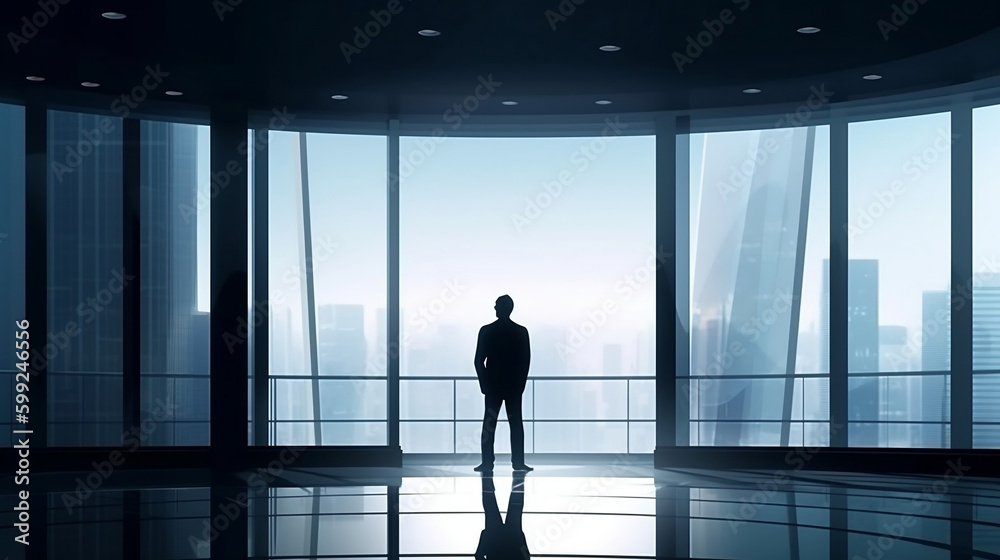 Business background, Smart businessman in black suit standing interior modern office. Generative ai