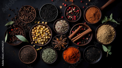 Different spices and herbs on dark background. Generative ai
