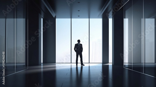 Business background, Smart businessman in black suit standing interior modern office. Generative ai