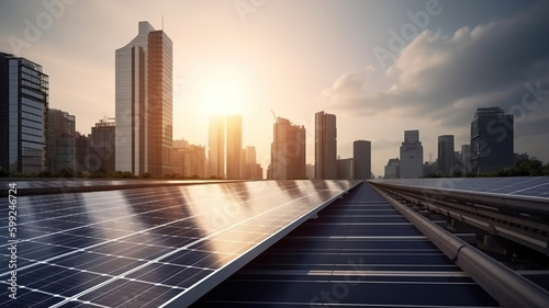 Solar panels mounted on building roof top, panoramic view city skyscape at sunset. Clean ecological electricity production, renewable energy concept © Syntetic Dreams