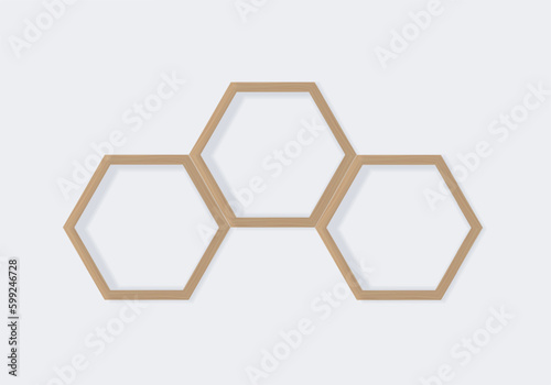 Wooden hexagon shelf with three cells. Decorative Honeycomb stand. Vector realistic Mockup. Empty Template for interior design. Front view. EPS 10.