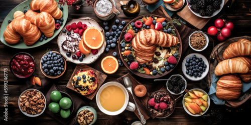 A continental breakfast was captured from above, providing a unique view of the food's space - generative ai.