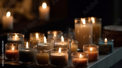 Candles on a table, cozy spa or room decoration. Generative ai