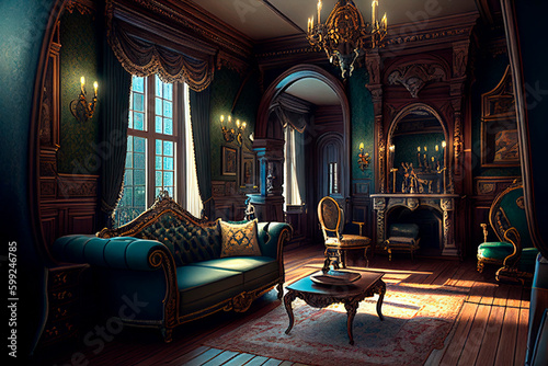 Victorian interior design. Vintage living room with traditional architecture aesthetic.