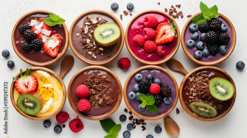 Chocolate and berry smoothie bowls on white background. Raw vegan food concept. Generative ai