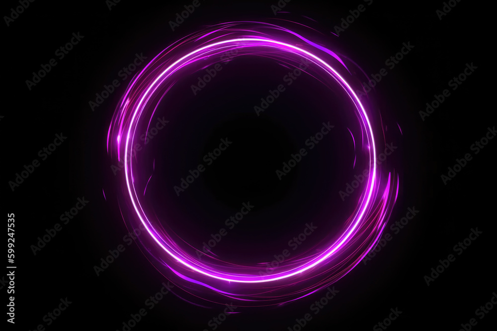 Neon glow. Round frame. Quantum portal. Defocused fluorescent purple color glitch light flare circle on dark black futuristic abstract illustration empty space background