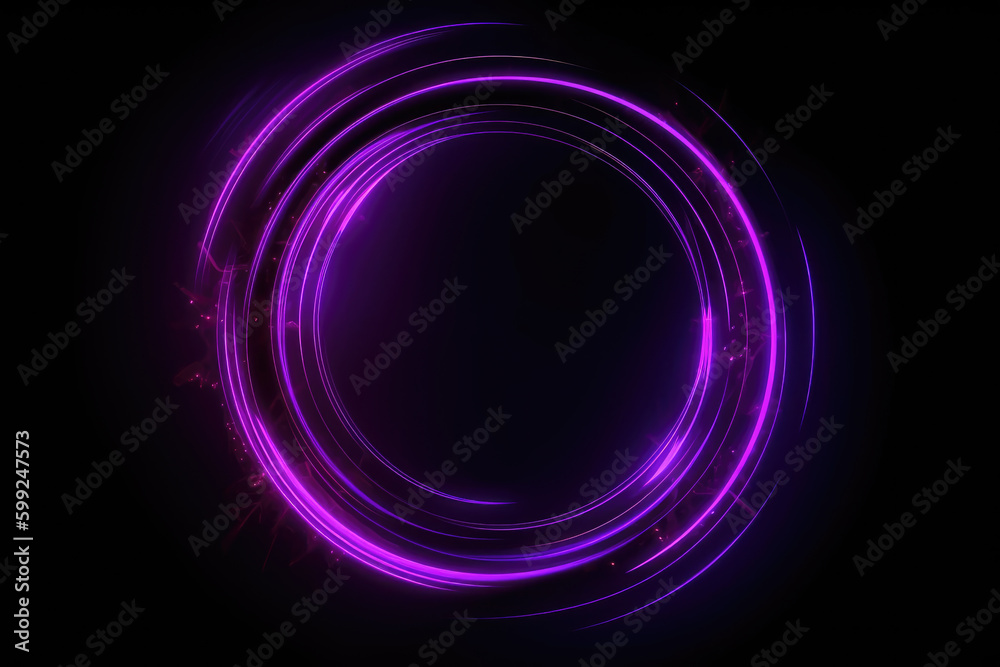 Neon glow. Round frame. Quantum portal. Defocused fluorescent purple color glitch light flare circle on dark black futuristic abstract illustration empty space background