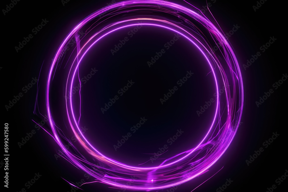Neon glow. Round frame. Quantum portal. Defocused fluorescent purple color glitch light flare circle on dark black futuristic abstract illustration empty space background Neon glow. Round frame. Quantum portal. Defocused fluorescent purple color glitch light flare circle on dark black futuristic abstract illustration empty space background