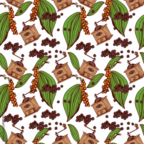 Black pepper pattern. Vector illustration of a plant, dried black peas and pepper grinders. Illustration of labels, packaging, culinary ingredients.