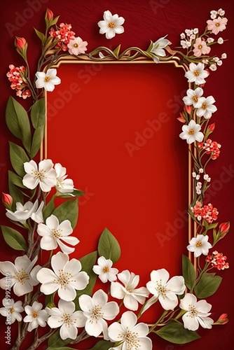 Gift card flower border red background, spring floral frame with space. 