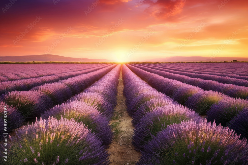 Fototapeta premium Provence, lavender field, sunset, Generative AI