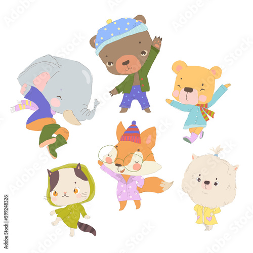 Cartoon Set with Cute Animals wearing Colorful Trenchcoats