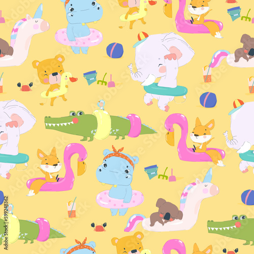 Seamless Pattern with Cute Animals in an Inflatable Circles