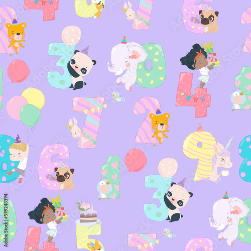 Seamless Pattern with Birthday Numbers Animals and Kids