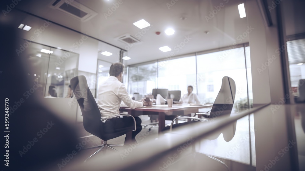 Fototapeta premium Blurry scene of business office, ideal for business backgrounds. Copy space. Based on Generative AI