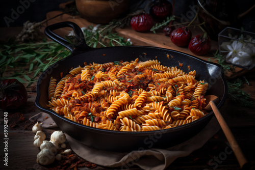 Sun-Dried Tomato Pasta in a frying pan photoreal, generativ ai