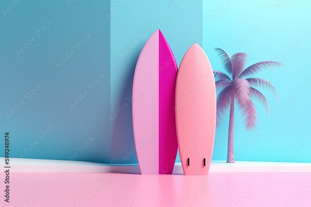 3d rendering of Surfboard, Minimal Summer Holiday Travel Background, 3d rendering of Surfboard, Minimal Summer Holiday Travel Background,