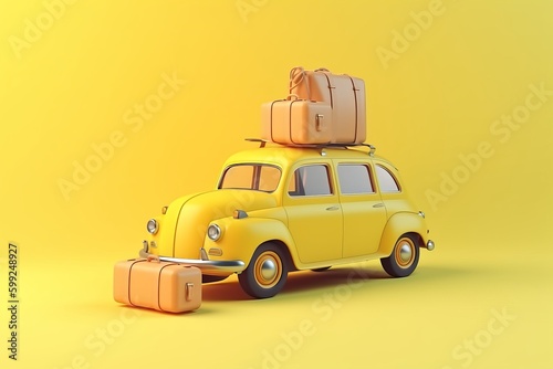 3d rendering of old car and luggage, yellow background, minimal summer and travel concept, Retro style, © aistock