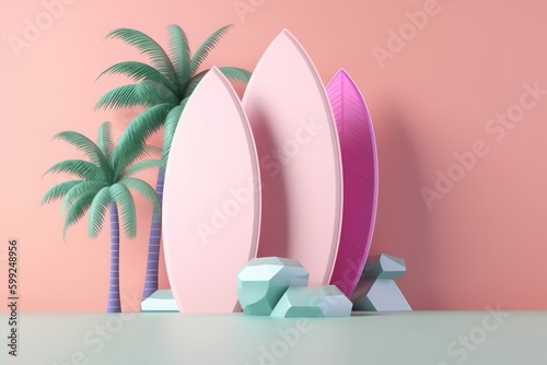 3d rendering of Surfboard, Minimal Summer Holiday Travel Background,