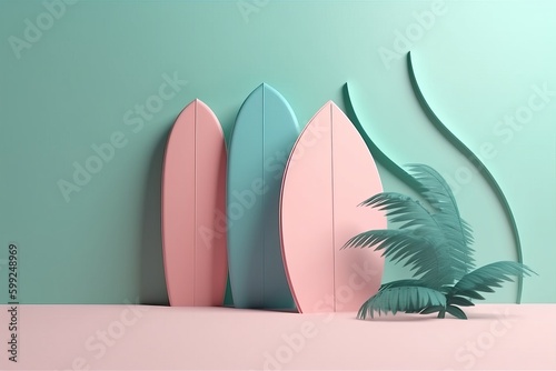 3d rendering of Surfboard, Minimal Summer Holiday Travel Background,