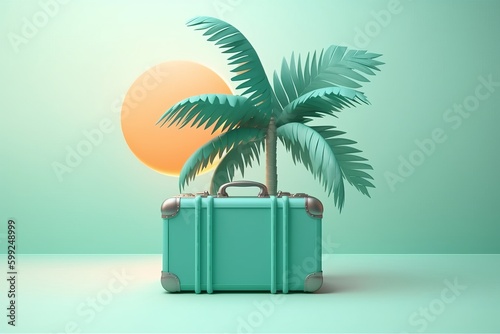 3d rendering of Tropical palm tree and suitcase on gradient color background  minimal summer and travel concept 