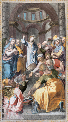 NAPLES, ITALY - APRIL 23, 2023: The fresco of Twelve old Jesus in the Temple in the church Chiesa di San Giovanni a Carbonara by unknown mannerist painter from years (1570 - 1575).