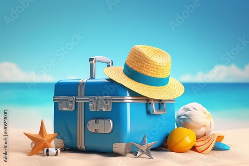 Blue Suitcase and Beach Accessories stock photo. Travel Holiday Concept